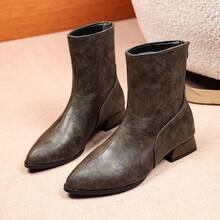 British Style Distressed Grey Brown Pointed Toe Short Boots For Women, Minimalist Low Block Heel Back Zipper Soft Leather Boots For Daily Commute - Dark Grey - View 1