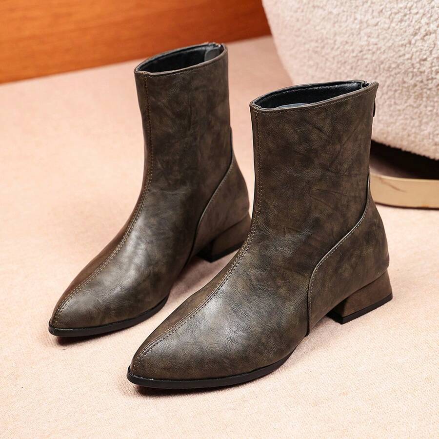 British Style Distressed Grey Brown Pointed Toe Short Boots For Women, Minimalist Low Block Heel Back Zipper Soft Leather Boots For Daily Commute - Dark Grey - View 1