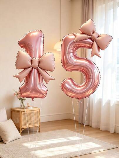 4 quả bóng nhôm số 1 và 5 màu hồng 32 inch kèm bóng nơ hồng, bóng số trang trí tiệc sinh nhật 15 tuổi chủ đề công chúa