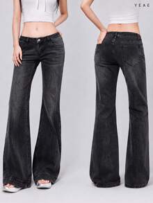 YEAE | Celana Jeans Gaya Amerika Hot Girl Pinggang Rendah Kaki Lebar Model Flare Celana Denim Elastis Ramping Warna Polos Kasual Musim Gugur - Dark Grey - View 1