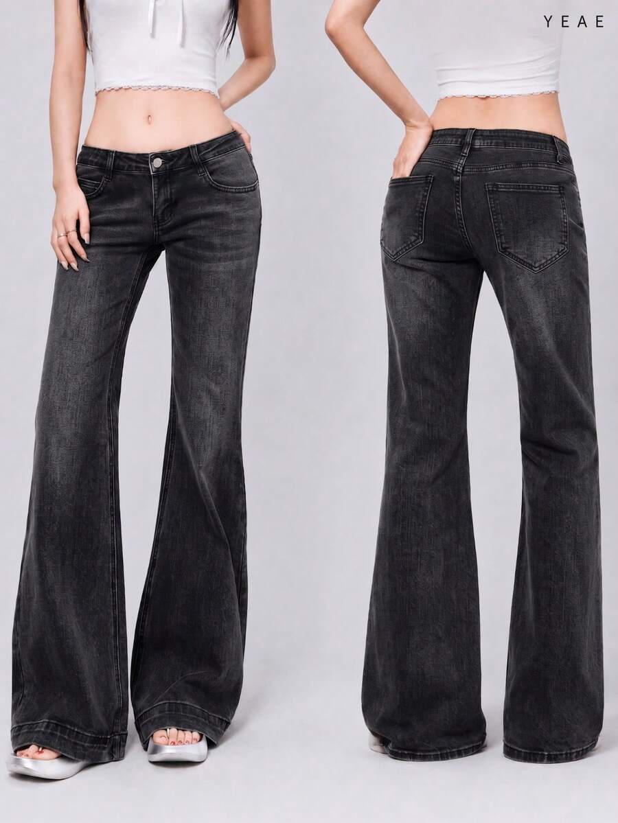 YEAE | Celana Jeans Gaya Amerika Hot Girl Pinggang Rendah Kaki Lebar Model Flare Celana Denim Elastis Ramping Warna Polos Kasual Musim Gugur - Dark Grey - View 1