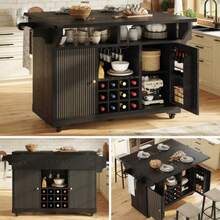 Black Multifunctional Kitchen Serving Trolley With Storage, Adjustable Shelves & Wine Rack, Mobile Rolling Side Table, Utility Storage Cart For Dining Room, Living Room And Balcony Home Use Character Count: 117 - Black - View 1