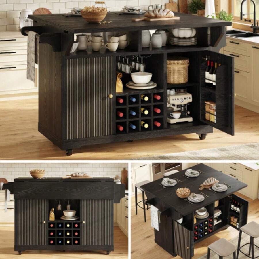 Black Multifunctional Kitchen Serving Trolley With Storage, Adjustable Shelves & Wine Rack, Mobile Rolling Side Table, Utility Storage Cart For Dining Room, Living Room And Balcony Home Use Character Count: 117 - Black - View 1