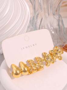 3/9 Pairs Gold Stud Earrings Fashionable Elegant Floral Geometric Multi-Element Gold Metallic Earring Set, Women's Fashion Earring Set, Best Gift For Best Friends, Full Of Atmosphere (Lightweight CCB Material, Non-Fading) - Gold - View 3