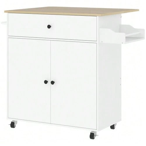 Kitchen Island, Kitchen Cart On Wheels With Drop-Leaf Countertop, Drawer, Kitchen Trolley With Shelf, Towel Bar, Spice Rack, White Kitchen Cart - 白色 - 查看 1