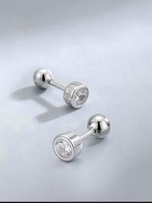 SYMFNY 1 Pair 925 Sterling Silver Round Bezel Set Cubic Zirconia Screw Back Stud Earrings - Silver - View 3