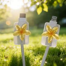 2PCS Gradient Floral Cable Protector, Transparent Soft Shell Anti-Bend Anti-Break, Resin Material, No Battery Required, Suitable For Type-C, 3D Plumeria Data Cable Protector, Summer Vibe Charging Accessory - 2 Yellow Frangipani - View 5
