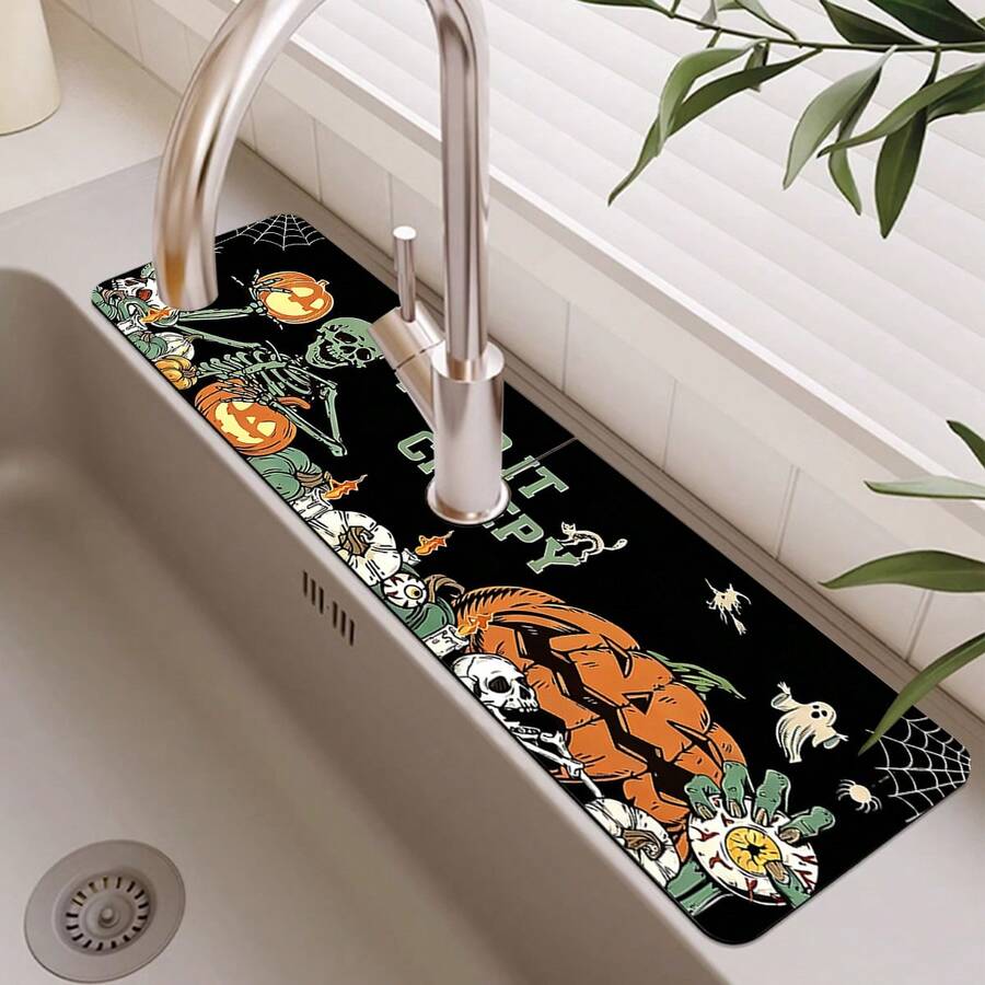 1pc Halloween Pumpkin Skull Pattern Rubber Faucet Splash Guard, Bathroom Faucet Splash Guard, Mud Guard, Moisture-Proof Anti-Slip Faucet Pad, Kitchen Countertop Accessory. Protect Your Kitchen Countertop. - Multicolor - View 1