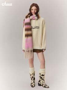 CHUU Letter Embroidered Long Sleeve Knit Sweater Women Autumn/Winter Faux Wool Loop Contrast Color Pullover Loose Fit - Apricot - View 2
