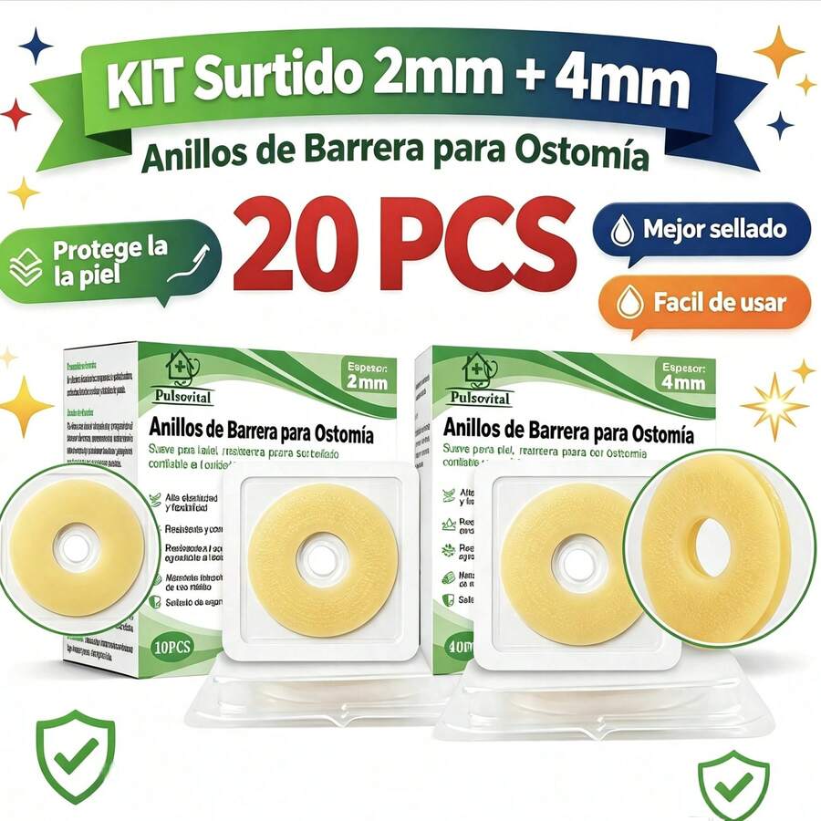 Pulsovital Kit Anillos de Barrera Cutánea para Ostomía Espesor 2mm y 4mm, Moldeables Hidrocoloide Recortables 20‑40mm / 40‑70mm, Resistente a Fugas, 20 Pcs Total - Albaricoque - Ver 1