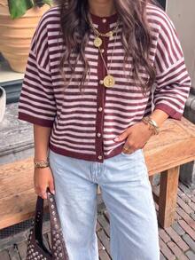 MORI Fall Winter Women Cardigans Y2K Cozy Wine Red Striped Elbow Sleeve Crewneck Loose Knit Sweater Cardigan Button Down Tops Fall Fashion Outfits - Red and Pink - View 8