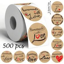 500pcs Ins Style Kraft Paper Handmade Label Stickers Roll, 1 Inch Round, 9 Rotating Patterns, English "Homemade With Love", Perfect For Handmade Sellers, Baking Packaging, Jam Glass Jars, Handmade Soap, Gift Box Seals, Gift Favors, Small Shop Packaging - Multicolor - View 7