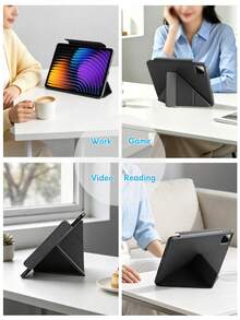 Y型磁吸扣保護殼 黑色，適用於 iPad 10.2/10.9 (Air4-Air8)/10代/(A16) 11吋 11代 2025款，多折多角度支架，磁吸閉合，矽膠軟殼，全包覆防摔耐磨，內層蜂巢散熱，無筆槽，PU皮革 + TPU材質 - 黑色 - 查看 8