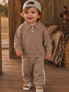 2Pcs/Set Korean Style Minimalist Baby Polo Collar Long Sleeve Sweatshirt & Side Stripe Jogger Pants Set, Unisex - Khaki - View 4