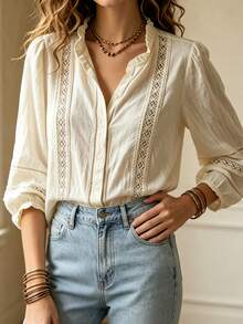 Women's Vintage Blouse With Ruffled Lace Hollow-Out Lantern Sleeves - Apricot - View 5