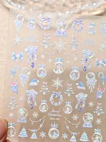 1件裝 冷色調冰雪風聖誕壓紋貼紙，包含水晶球、蝴蝶結、聖誕樹、雪花、鹿等元素，藍白配色，柔和清冷色調，精緻3D紋理，自黏式，營造冬季清涼夢幻氛圍 - 彩色 - 查看 2
