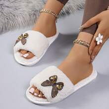 White Rhinestone Butterfly Decor Plush Slip-On Slippers For Women, Delicate Fuzzy House Slippers, Matching Pajamas And Nightgowns, Home, Guest, Bedroom, Photo-Ready Thermal Slippers - White - View 4