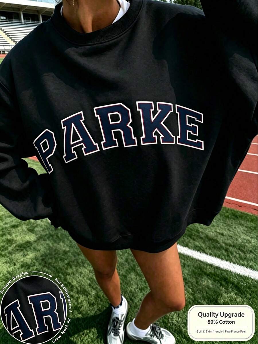 2026New Arrival Bestseller Women's Casual "PARKE" Letter Print Loose Pullover Sweatshirt, Encountering Lazy Fashion, Women's Graphic Tops Clothes. - 黑色2 - 查看 1