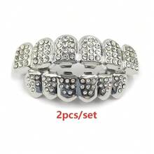 2PCS Gold Grillz Teeth Set,Iced Out Hip Hop Tooth Jewelry With Rhinestone Diamond Design,Shiny Gold Teeth Caps Fashion Accessories For Men Women Party - Multicolor - View 6