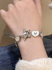 Women's Personalized Y2K Hip-Hop Style Star & Heart Chain Bracelet, Suitable For Summer, Versatile For Festivals, Parties, Beach Vacations - Silver - View 2