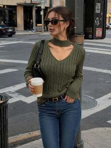 2026 New V-Neck Halter Knit Sweater For Women, Slim Fit Flattering Ribbed Base Layer Top - Dark Green - View 3