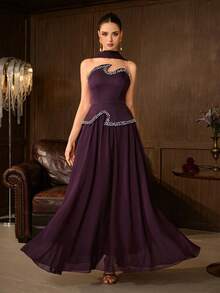 Elegant Women's Strapless Beaded Evening Gown, Asymmetrical Design, Perfect For Prom And Evening Events, 2 Pieces Set With Ribbon - Dark Purple - View 3