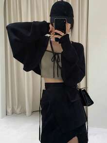 Sweet Cool Style Design Knitted Short Cover Up With Tie Waist, Long Sleeve Layering Top For Women, Autumn/Winter Outerwear (Inner Layer Not Included) - Black - View 3