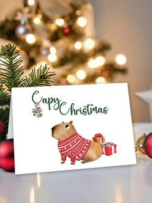 1pc Cute Christmas Card With Envelope, Printed Capybara In Xmas Jumper & Gift Boxes, "Capy Christmas", For Wife, Husband & Animal Lovers, Holiday Gift Exchange, Blank Inside - A - View 8