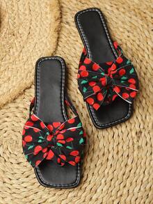 Fashion Cherry Pattern Bowknot Decor Square Toe Flip Flops, Women's Summer Outdoor Soft Sole Flat Thong Sandals - Black and Red - View 6