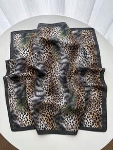 1件奢華品牌豹紋正方形小領巾，女款仿絲綢小圍巾，休閒百搭裝飾性小方巾 - 深灰棕色 - 查看 3