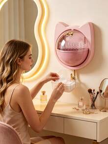 1pc Cat Ear Wall-Mounted Storage Box With Flip Lid And Hook, No-Drill Waterproof Plastic Organizer Shelf For Bathroom, Bedroom, Kitchen, Multi-Function Cosmetic, Jewelry, Cotton Swab Storage, Dust-Proof Space-Saving Organizer - Multicolor - View 6