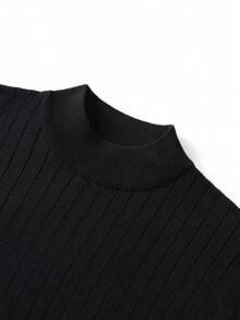 Solid Color Half-High Neck Vertical Stripe Short Sleeve Knit Pullover Top Men's Casual Slim Fit - Black - View 6