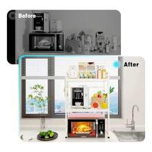 Rejilla extensible de 3 niveles para horno microondas de cocina color negro, organizador multifuncional para electrodomésticos, platos, especias y utensilios, diseño ajustable que aprovecha el espacio vertical de la encimera, estructura resistente y estable, ideal para cocinas pequeñas, fácil de montar y limpiar, - Blanco - Ver 9
