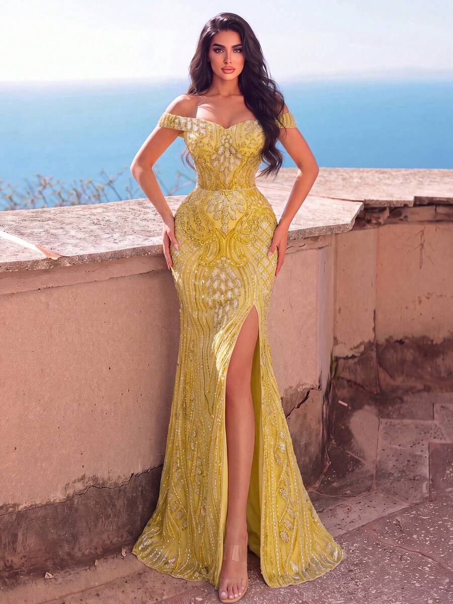 Faeriesty Elegant Open Shoulder Long Dress, Exquisite Beaded Embroidery, High Slit, Slim Fit, Flattering Silhouette, Suitable For Formal Evening Events - Gold - View 1