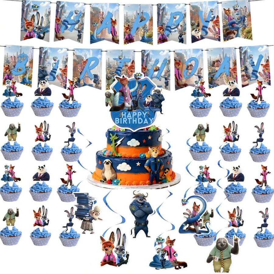 BUTTBILL Theme Cartoon Birthday Banner & Cake Topper Set, Judy Hopps Rabbit & Nick Wilde Fox Birthday Party Decorations - Multicolor - View 1