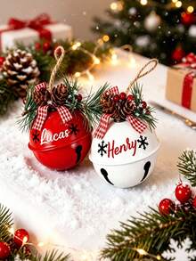 Customized Text Christmas Metal Bell Ornament, Personalized Name Christmas Tree Pendant With Pine Cone Plaid Bow Holiday Decor Gift - Multicolor - View 6