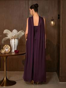 Elegant Women's Strapless Beaded Evening Gown, Asymmetrical Design, Perfect For Prom And Evening Events, 2 Pieces Set With Ribbon - Dark Purple - View 2