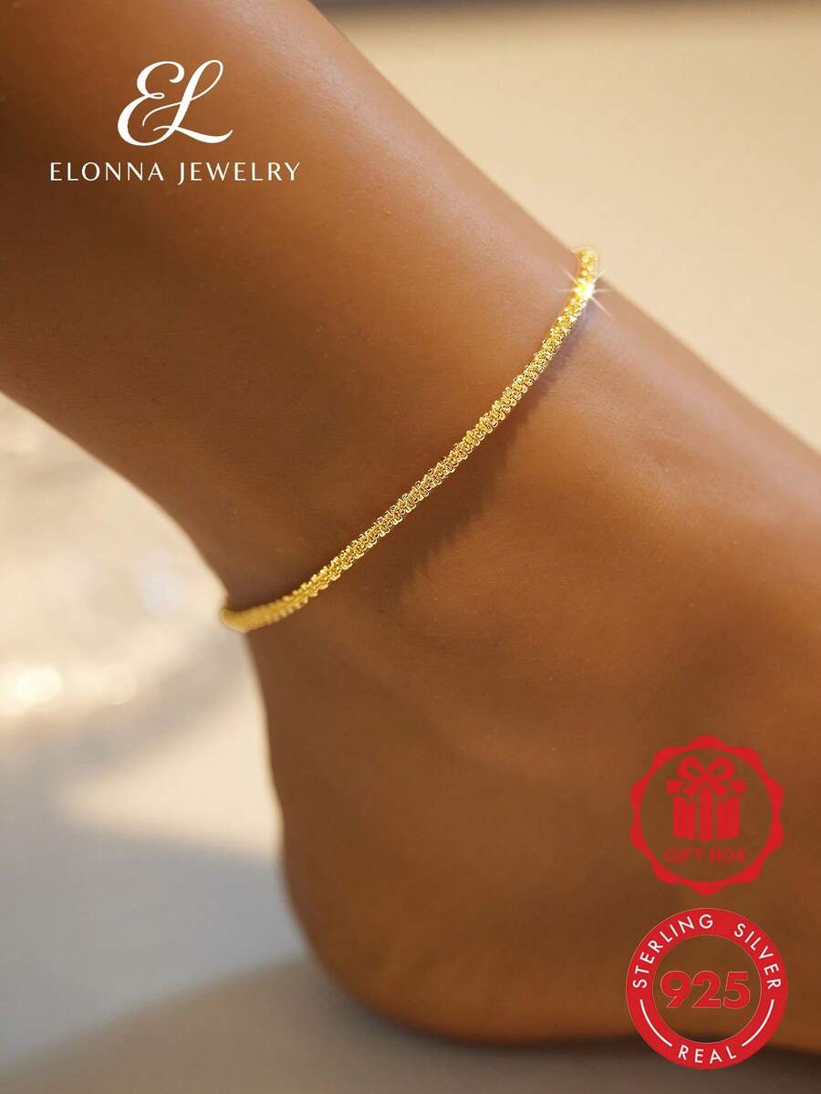 Ultra-Fine 925 Sterling Silver Cauliflower Chain Anklet, Versatile Sweet Silver Jewelry, Suitable For Daily Wear - Yellow Gold - View 1