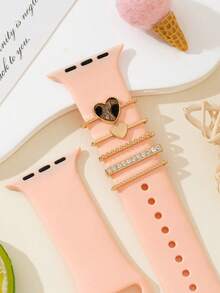 5pcs Fashionable Gold Leopard Print Heart Rhinestone Watch Band Decor Rings, Buckles And Studs For Apple Watch - Gold - View 3