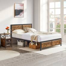 VECELO Double Size Bed Frame With Wooden Headboard And Footboard, Metal Platform Bed, Easy To Assembly - Rust Brown - View 5