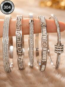 5pcs/Set Silver Stackable Fashion Bracelet Set, 304 Stainless Steel, Rust-Proof, Waterproof, Hypoallergenic, Minimalist Luxury Stackable Jewelry, Graduation, Birthday, Valentine's Day, Mother's Day, Christmas Gift For Her - Silver 4 - View 2