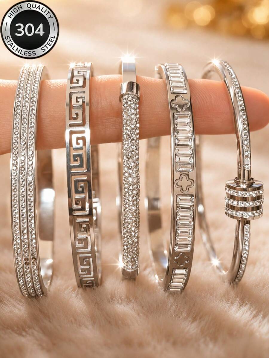 5pcs/Set Silver Stackable Fashion Bracelet Set, 304 Stainless Steel, Rust-Proof, Waterproof, Hypoallergenic, Minimalist Luxury Stackable Jewelry, Graduation, Birthday, Valentine's Day, Mother's Day, Christmas Gift For Her