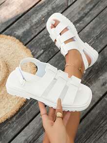 Women's Black Thick Sole Hook-And-Loop Sandals, Mid-Heel Casual Sport Walking Summer Chunky Heel Soft Bottom Versatile Wedge Roman Slide Sandals - White - View 3