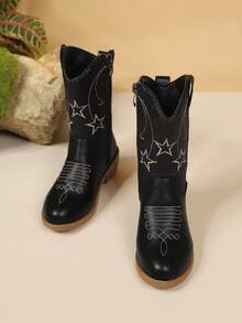 1 Pair Brown Mid-Calf Girls' Vintage Embroidered Fashion Western Cowboy Boots - Black - View 3