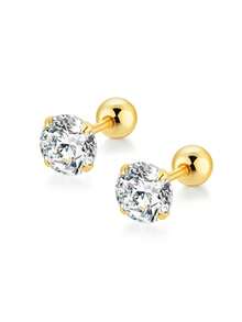 ELSEDES 1 Pair 4-Claw Zirconia S925 Sterling Silver Stud Earrings, Showcase Fashionable Charm, Quality Jewelry Suitable For Women's Daily, Party, Anniversary Outfits - Gold - View 2