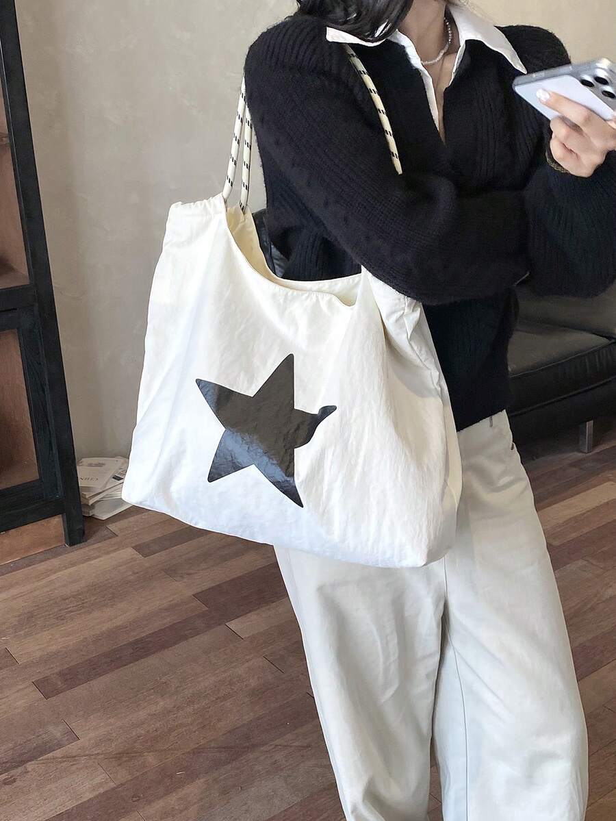 Large Capacity Women's Shoulder Bag Handbag, Black & White Contrast Star Print Nylon Waterproof Fabric, Daily Commute Bag - White - View 1