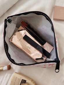 1pc Pink Bow Print Makeup Bag, Zipper Closure Portable Toiletry Organizer Storage Bag For Small Items For Daily Use Business Trip Travel - MLH - View 4