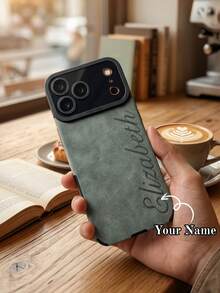 Customized Personalized Name Phone Case, Compatible With IPhone 11 12 13 14 15 16 17 18 Pro Max Plus 17 Air, Korean Luxury Soft PU Leather, 3D DIY Engraved Letters Initial Name, Camera Shockproof Protective Shell, Holiday Gift For Lovers, Friends, Family And Yourself - Green - View 1