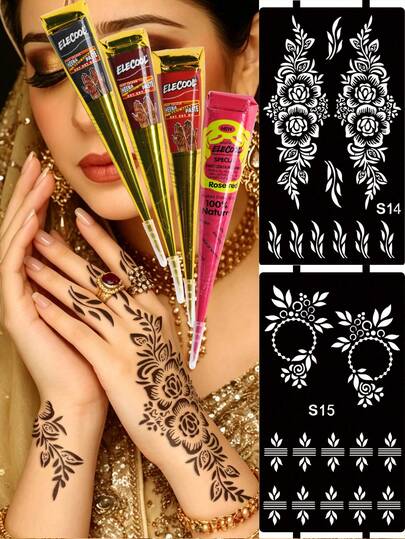 6 PIEZAS (4 piezas Negro, Castaño, Rojo Profundo, Rojo Rosa Pasta de Henna + 2 Plantillas) Paquete Combinado Crema de Tatuaje de Arte de Uñas de Henna con Caja de Almacenamiento, Tinta de Tatuaje Semipermanente a Base de Plantas para Manos y Body