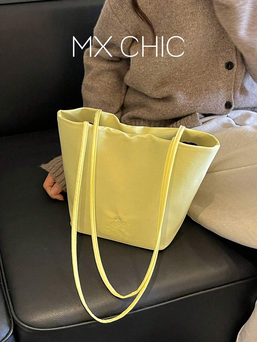 1件女款拼色尼龍肩背托特包，時尚大容量五星裝飾，適合購物、度假與旅行 - 黃色 - 查看 1